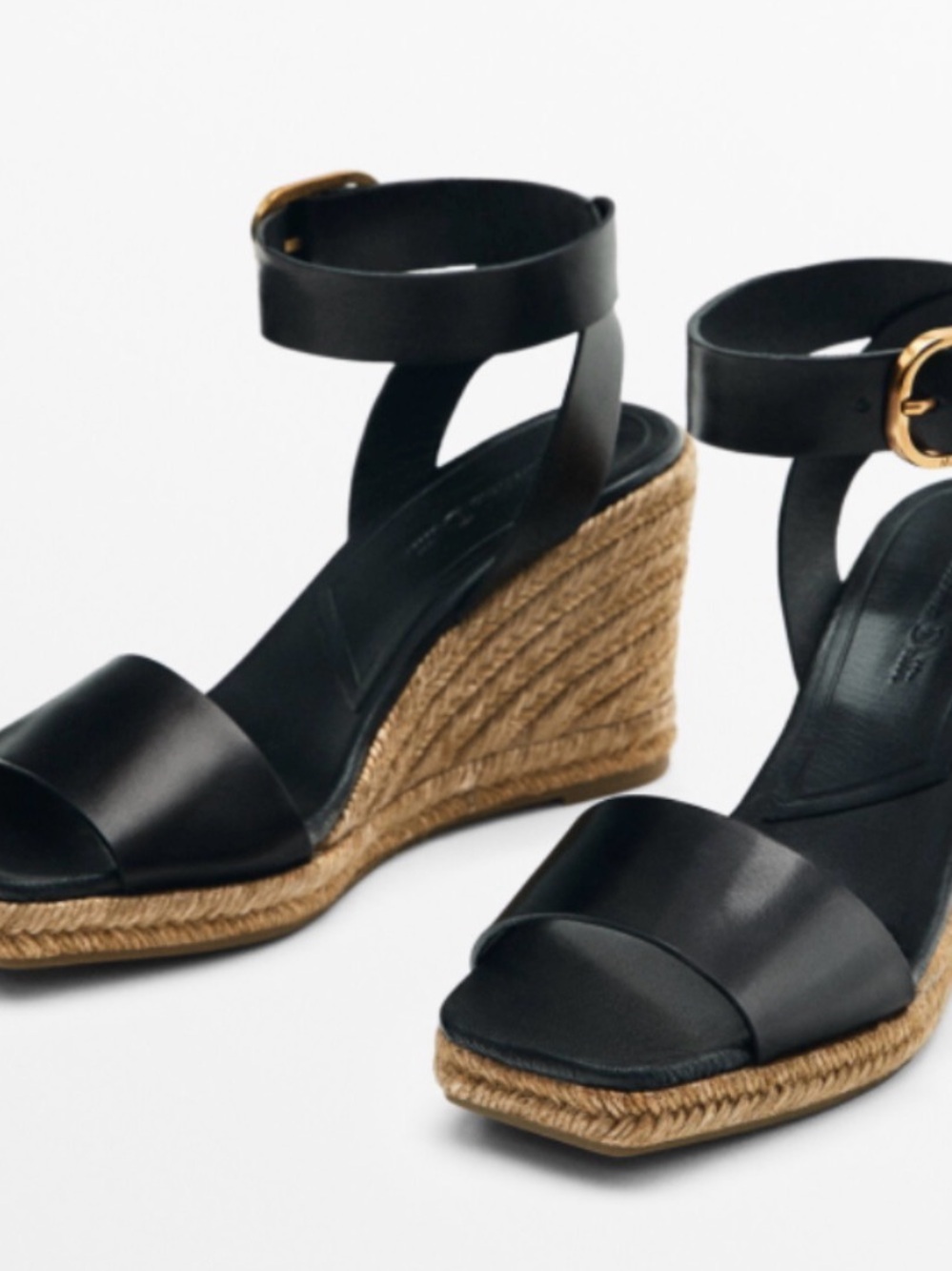 Massimo Dutti Black Leather Espadrille Wedges with Jute size 10